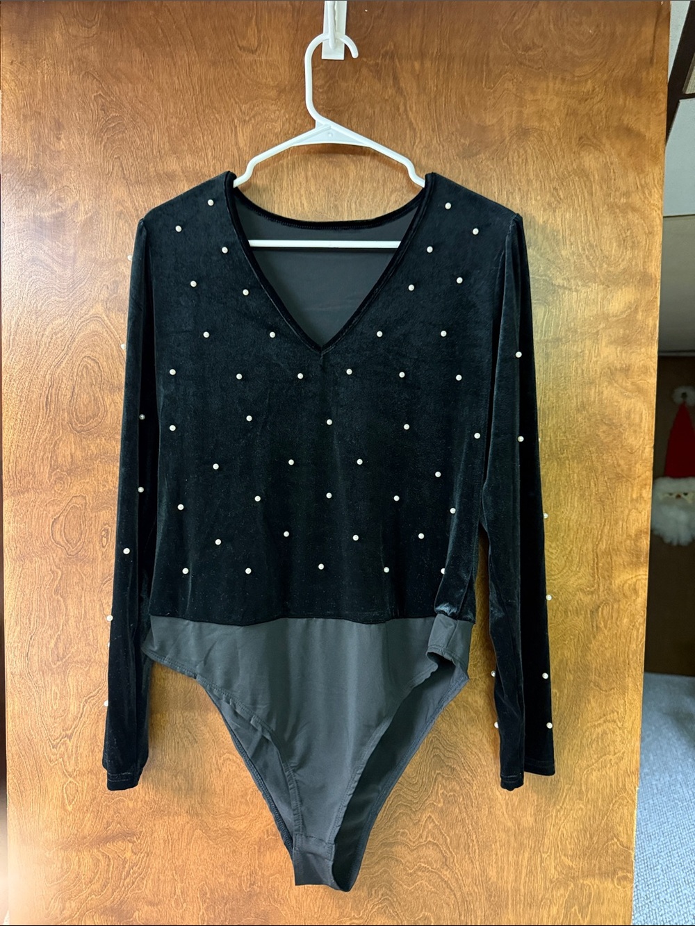Women’s Black Velvet Long-Sleeve V-Neck Bodysuit with Pearl Details